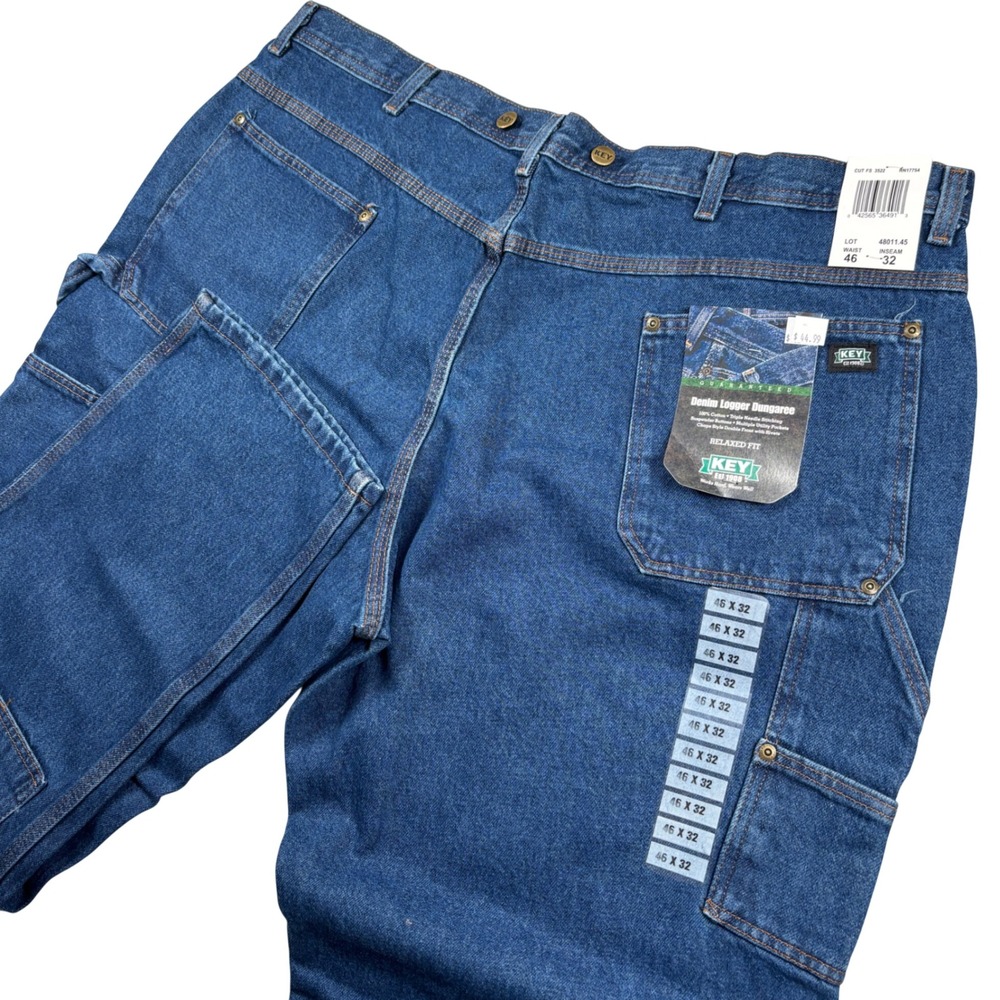 NEW KEY Denim Logger Dungaree Mens 46x32 Blue Relaxed Double Front Pants